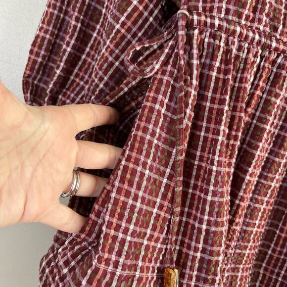 Madewell Seersucker Wrap Mini Dress in Dark Merlot Plaid Print Burgundy Red, XS‎ - Picture 13 of 16